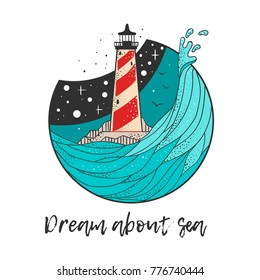 "Lighthouse and sea" round illustration