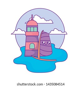 lighthouse sea with sailboat kawaii in the sea