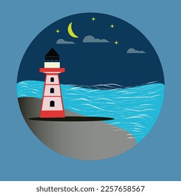 Lighthouse and the sea scenery in a circle frame isolated on blue