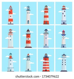 Lighthouse sea set. Tower with a spotlight on the coast for marine navigation, red with white stripes, clouds on a blue sky, a landmark of maritime security. Vector graphics in flat style.