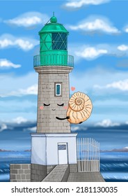 Caricatura vectorial de faro con concha marina