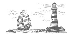 Lighthouse With Sea Ship. Hand Drawn Sketch Sailing