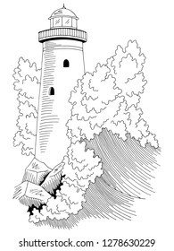 Lighthouse sea storm wave graphic black white seascape sketch illustration vector 