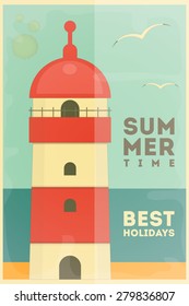 Lighthouse. Sea Summer Holidays Postcard. Vector Illustration.