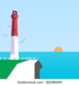 Lighthouse in sea, sun illustration