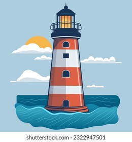Lighthouse in sea, The sun peeks out from behind the clouds. Vector illustration, EPS10