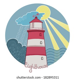 Lighthouse in the sea in sunny weather and in stormy weather. Vector image