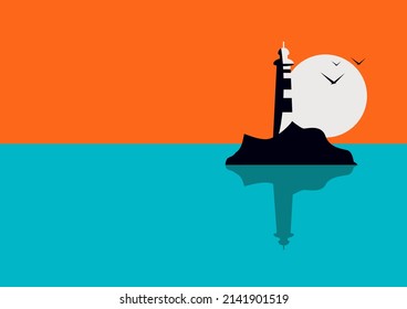 Lighthouse in the sea at sunset.