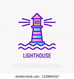 Lighthouse in the sea thin line icon. Modern vector illustration.