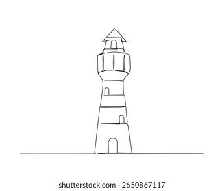 Lighthouse sea tower outline drawing illustration. one continuous line drawing of lighthouse.