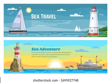 Lighthouse sea travel banners set vector illustration of blue ocean, island landscape. Sea, seagull, sky and lighthouse, navigation beacon building in ocean waters. Tourism and travel marine banner.