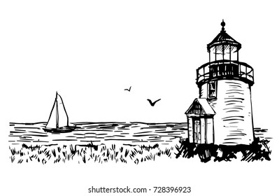 Lighthouse in the sea. Vector graphic illustration. Hand drawn sketch. Ocean coast, waves, sailing vessel.