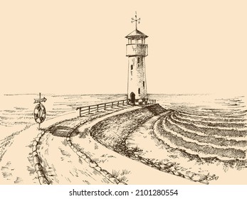 Lighthouse and the sea vector hand drawing
