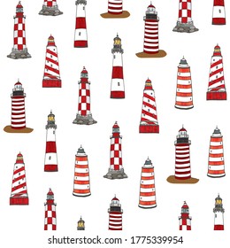 Lighthouse in the sea vector hand drawn seamless pattern
