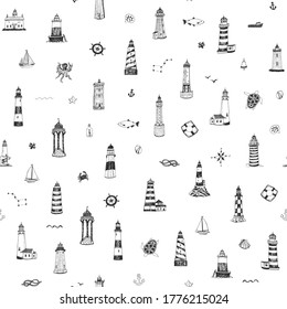 Lighthouse in the sea vector hand drawn seamless pattern