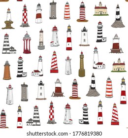 Leuchtturm auf dem Meer, Vektorgrafik handgezeichnet nahtloses Muster