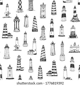 Lighthouse in the sea vector hand drawn seamless pattern