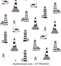 Lighthouse in the sea vector hand drawn seamless pattern