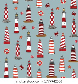 Lighthouse in the sea vector hand drawn seamless pattern