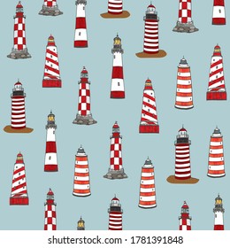 Lighthouse in the sea vector hand drawn seamless pattern