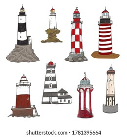 Lighthouse in the sea vector hand drawn illustrations set