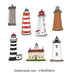 Lighthouse in the sea vector hand drawn illustrations set