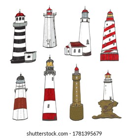 Lighthouse in the sea vector hand drawn illustrations set