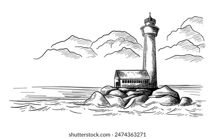 Faro en el mar. Ilustración vectorial. Esbozo dibujado a mano