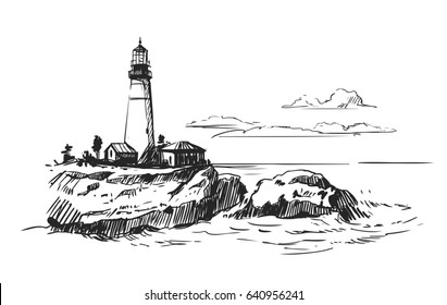 Lighthouse in the sea. Vector illustration. Hand drawn sketch