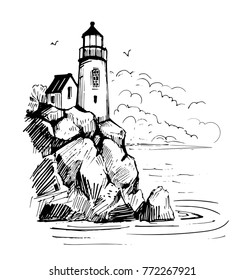 Lighthouse in the sea. Vector illustration. Hand drawn sketch