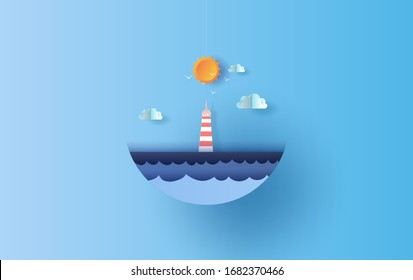 lighthouse of sea view with a floating sailing boat in the clear sun lighting blue sky.Landscape summertime season.Summer poster with print.paper art and craft style in circle with shadow.vector EPS10