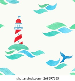 lighthouse in sea. watercolor seamless pattern