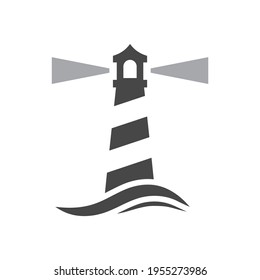 Lighthouse with sea wave black vector icon. Light house beacon symbol.