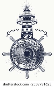 Lighthouse, sea wave and steering wheel. Tattoo style. Symbol of wanderings, travel, tourism, adventure and dreams. Outdoors t-shirt design concept