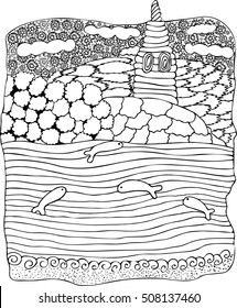 Lighthouse, sea, waves, fishes. Pattern for coloring book. Hand-drawn, doodle, zentangle. Vector illustration