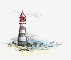 Lighthouse With Sea Waves. Hand Drawn Sketch Vector Illustration.