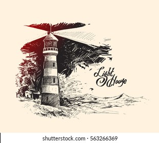 Lighthouse With Sea Waves. Hand Drawn Sketch Vector Illustration. 