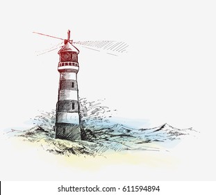 Lighthouse with sea waves. Hand Drawn Sketch Vector illustration.