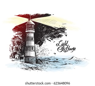 Lighthouse with sea waves. Hand Drawn Sketch Vector illustration. 