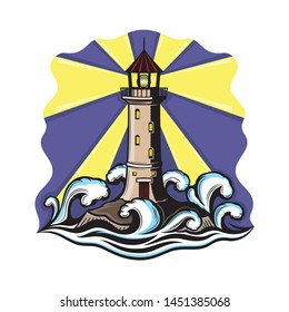 Lighthouse and sea waves sign on a white background.