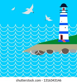 Lighthouse and sea waves vector graphics nautical scenery landscape