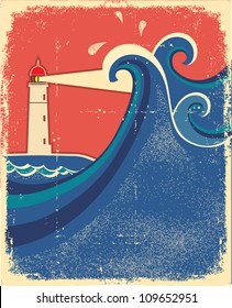 Lighthouse and sea waves.Vector grunge background