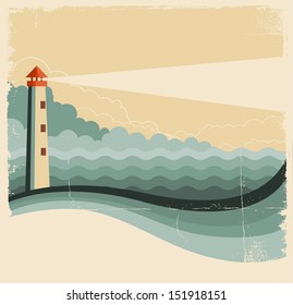 Lighthouse and sea waves.Vintage image on old paper texture