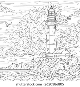 Farol no mar. Livro de colorir antisstress para crianças e adultos. Ilustração isolada no estilo background.Zen-tangle branco. Desenho da mão