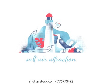 Lighthouse with seagull and anchor modern illustration. Marine and ocean theme seaside background.