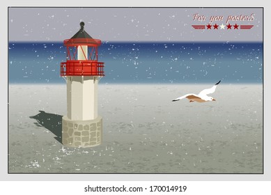 Lighthouse and a seagull on a deserted beach. Retro vector.