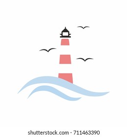 Lighthouse, seagull and sea waves, vector icon