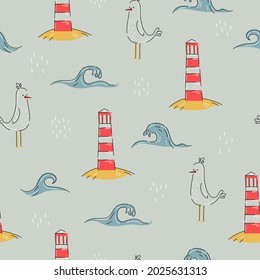 Lighthouse with seagull seamless pattern in hand drawn cartoon style. Sea background. Vector stock illustration