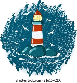 Lighthouse and seagulls against vector pastel texture background and with overlaying texture; for prints, posters, logos, emblems, summer vacation merchandise, port souvenirs and seaside poscards