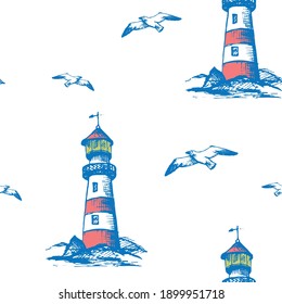 lighthouse and seagulls in retro style pattern background